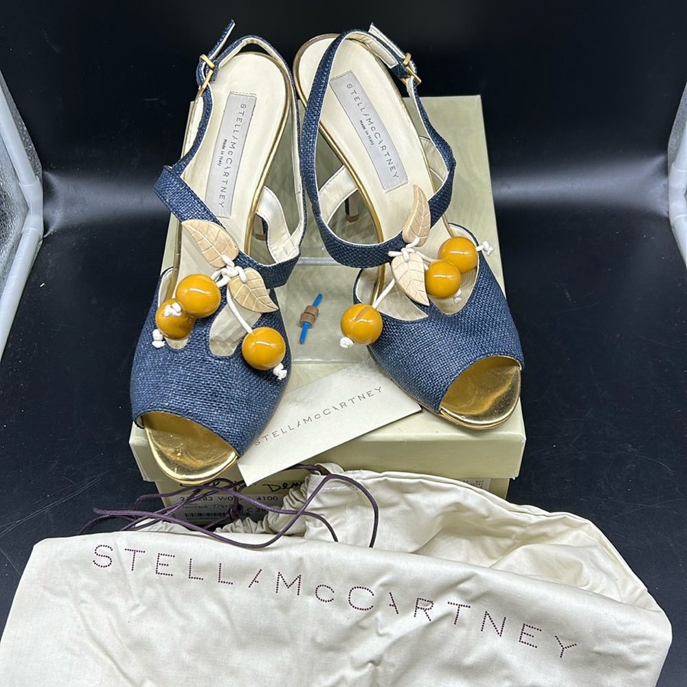 Stella McCartney Navy Denim Fruit Open Toe Heels 8.5